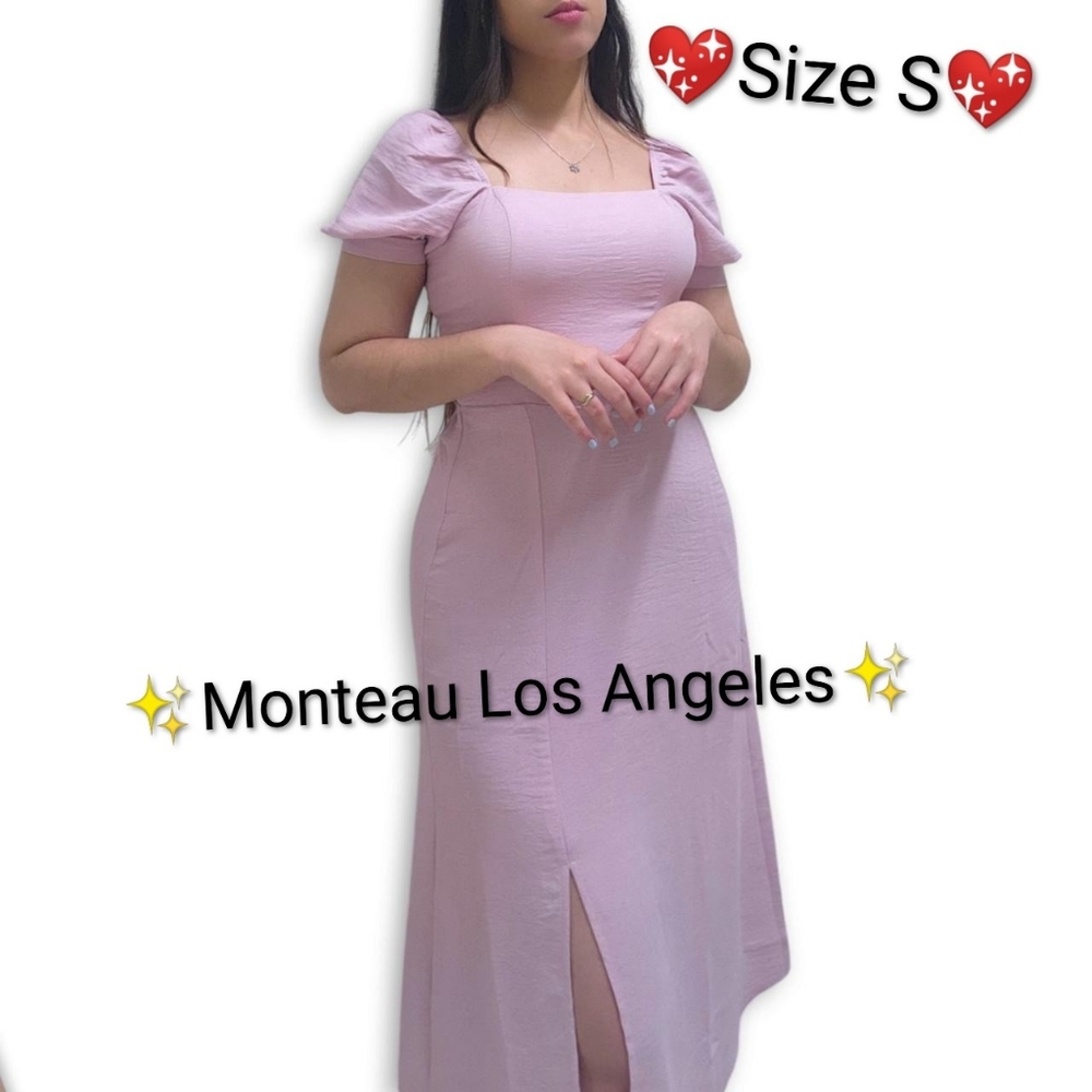 Monteau Los Angeles Pink Puff Sleeve Square Neck Slit Midi Dress S